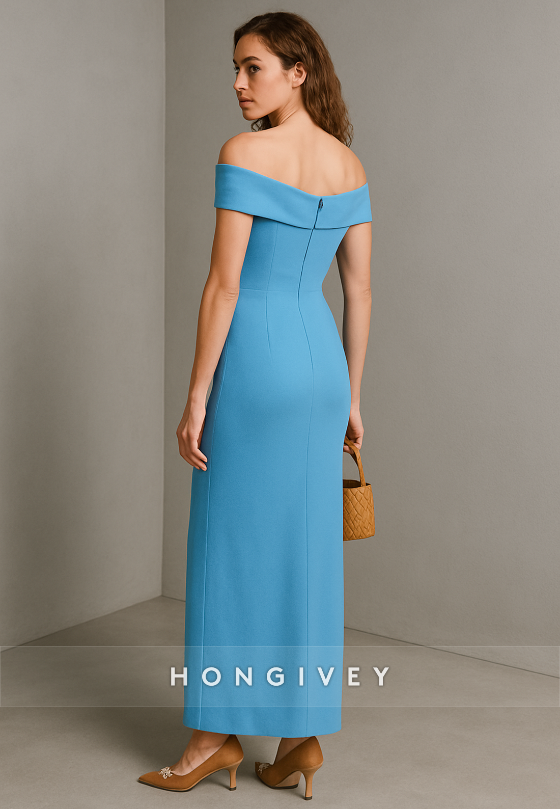 Simple Blue Off the Shoulder Column Ankle-Length Evening Gowns