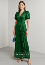 V-Neck Trumpet Short Sleeves Satin Ruched Ankle-Length Evening Gowns