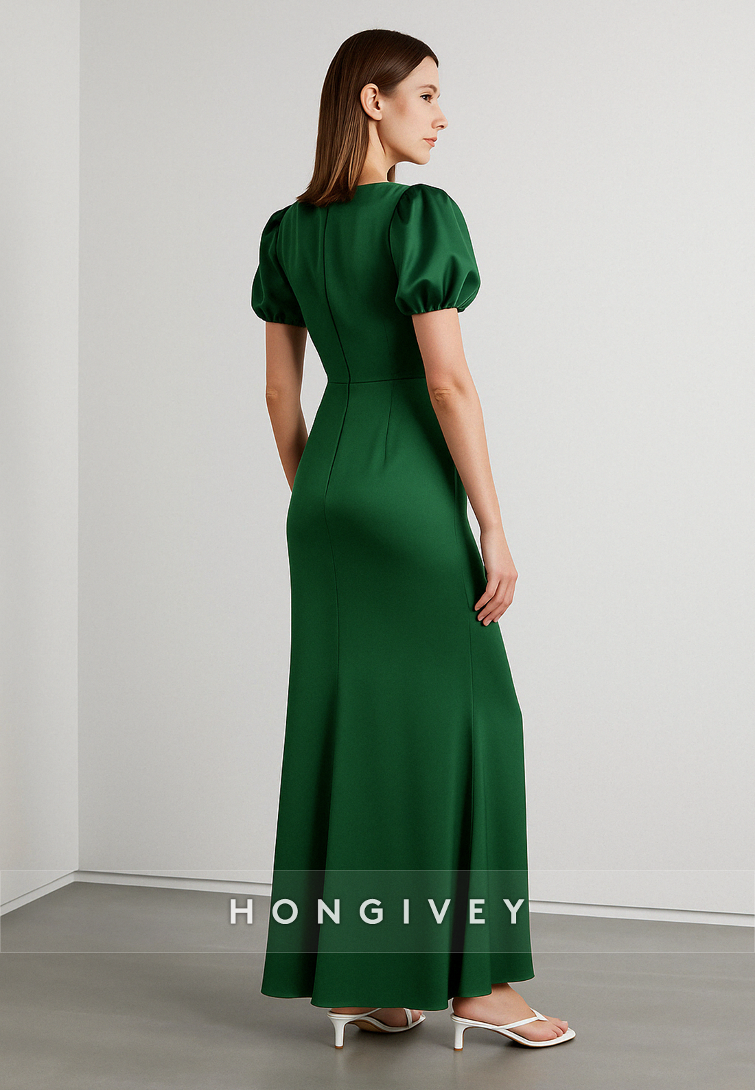 V-Neck Trumpet Short Sleeves Satin Ruched Ankle-Length Evening Gowns