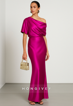 Fuchsia One Shoulder Satin Mermaid Pleated Ankle-Length Evening Gowns