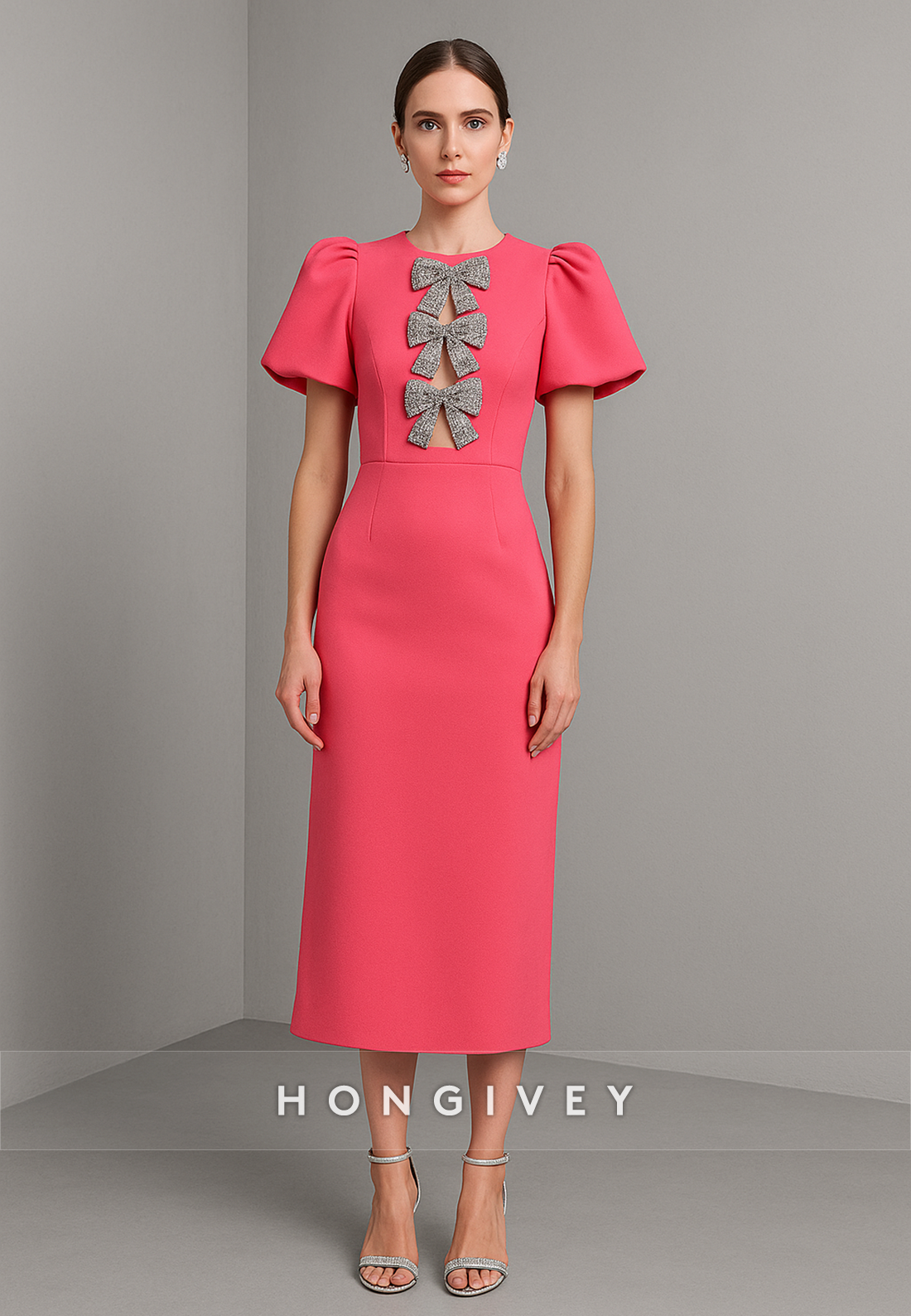 Chic Short Sleeves Column Tea-Length Evening Gowns with Bowknot