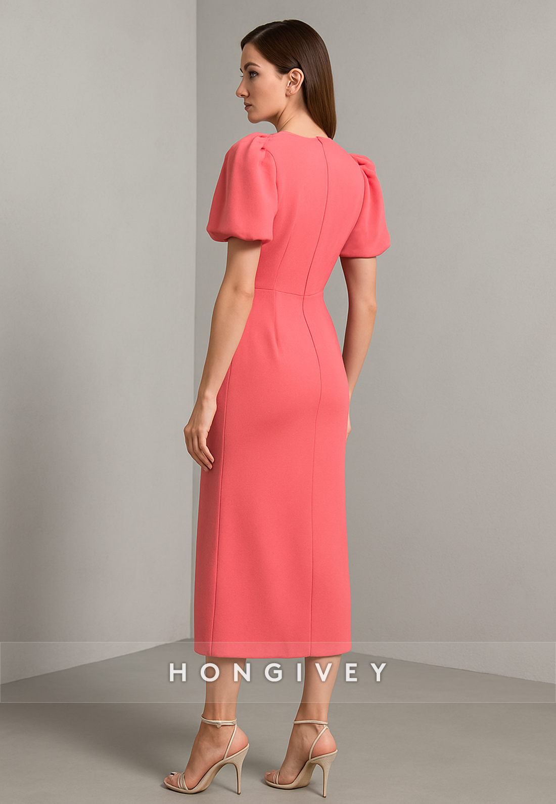 Chic Short Sleeves Column Tea-Length Evening Gowns with Bowknot