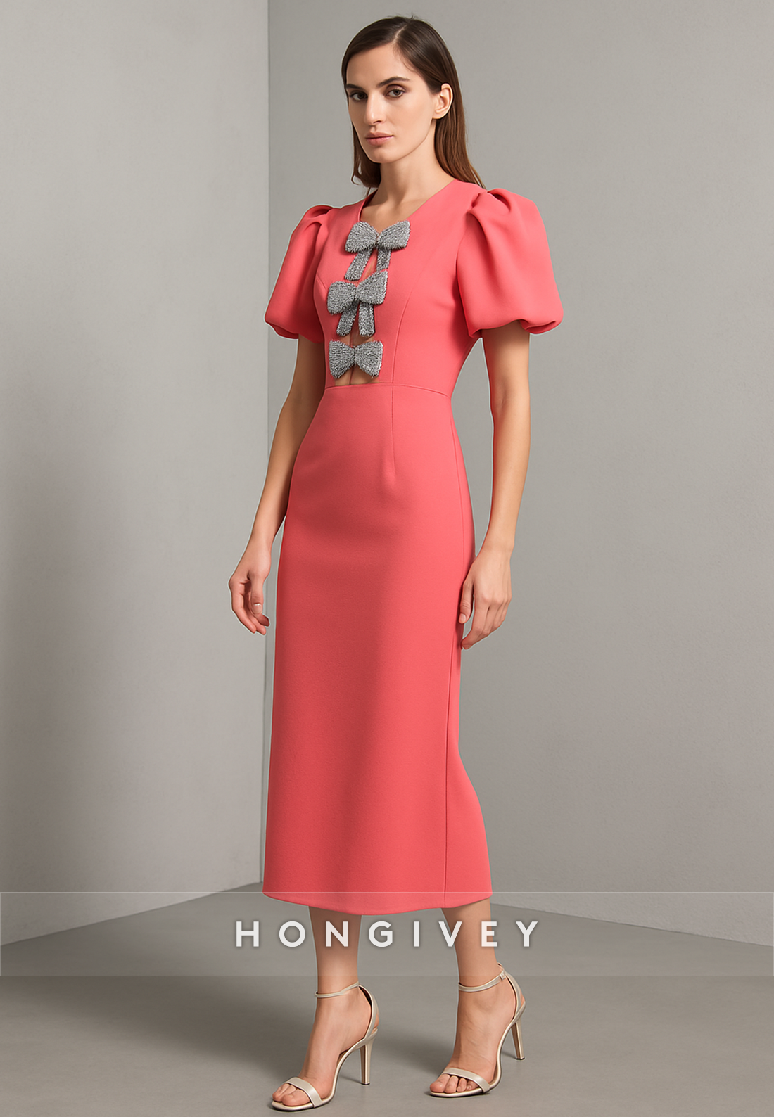 Chic Short Sleeves Column Tea-Length Evening Gowns with Bowknot