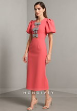 Chic Short Sleeves Column Tea-Length Evening Gowns with Bowknot