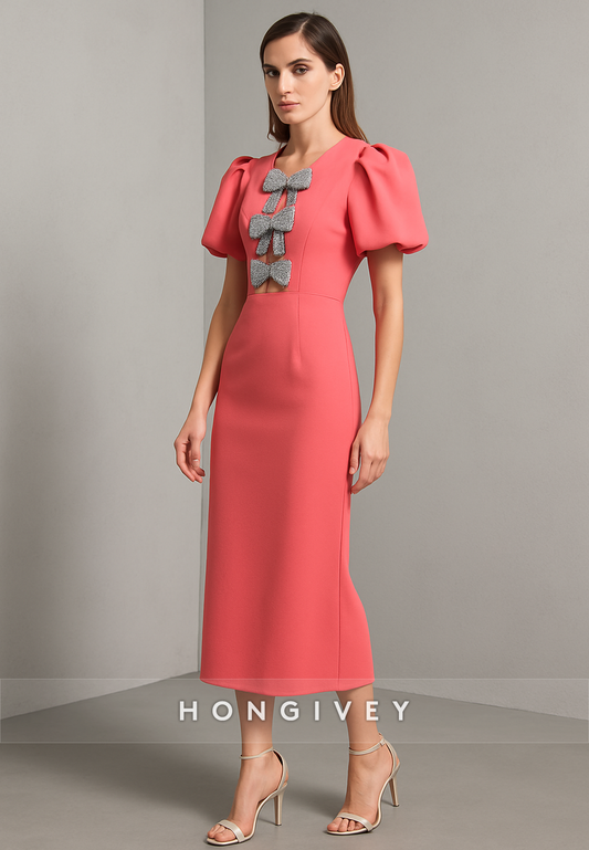 Chic Short Sleeves Column Tea-Length Evening Gowns with Bowknot