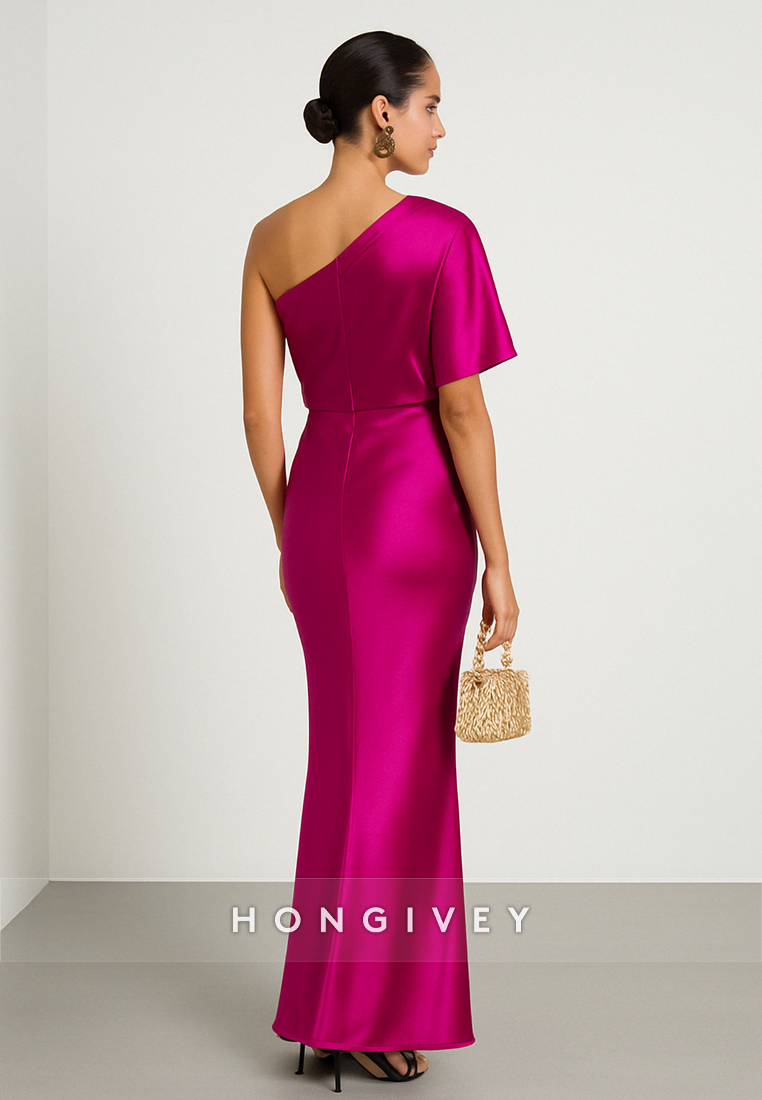 Fuchsia One Shoulder Satin Mermaid Pleated Ankle-Length Evening Gowns