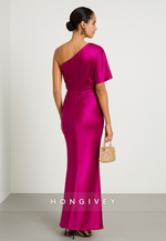 Fuchsia One Shoulder Satin Mermaid Pleated Ankle-Length Evening Gowns