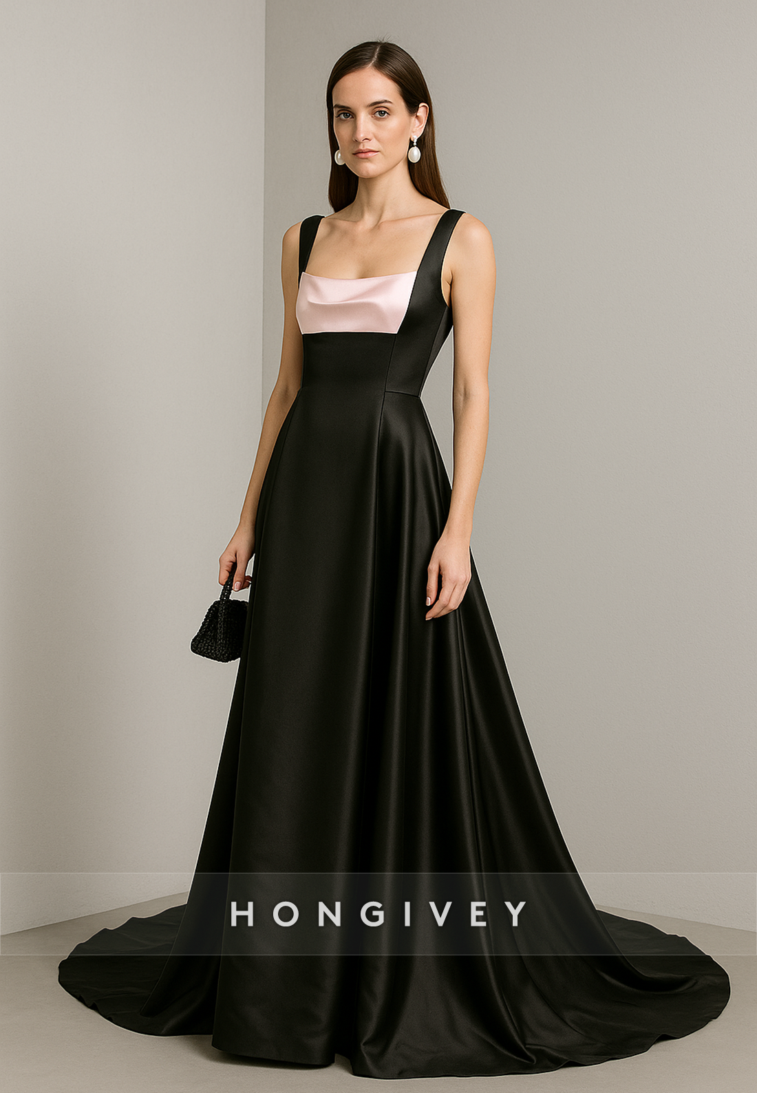 Regular Straps Satin Square Neck Low Back Court Train Evening Gowns