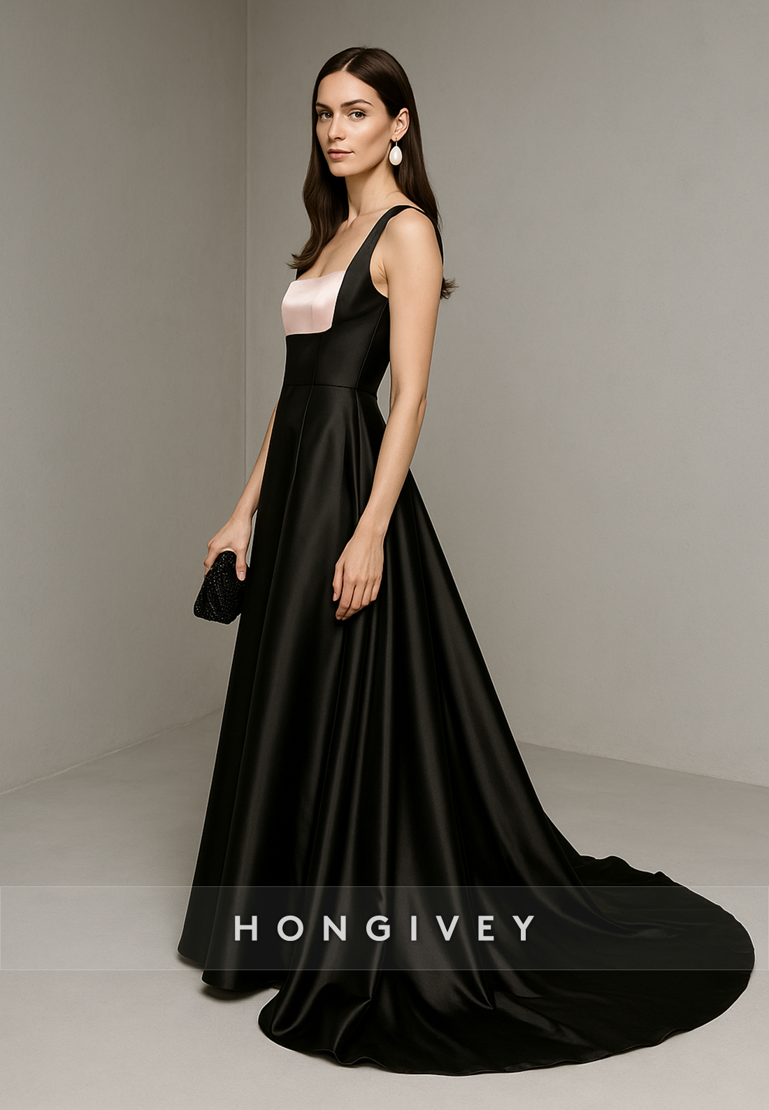 Regular Straps Satin Square Neck Low Back Court Train Evening Gowns