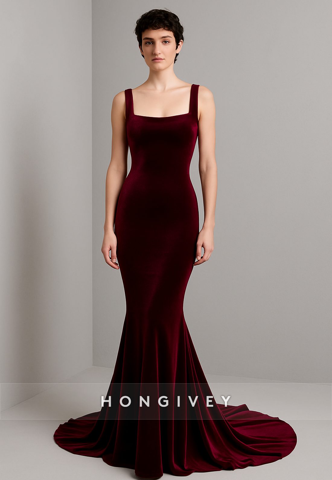 Square Neck Court Train Sleeveless Velvet Mermaid Evening Gowns