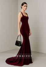 Square Neck Court Train Sleeveless Velvet Mermaid Evening Gowns