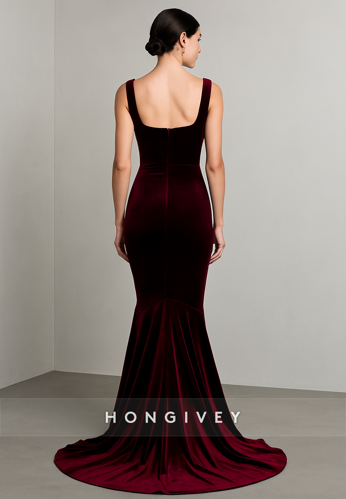 Square Neck Court Train Sleeveless Velvet Mermaid Evening Gowns
