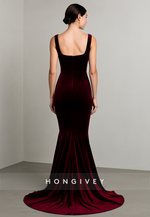Square Neck Court Train Sleeveless Velvet Mermaid Evening Gowns