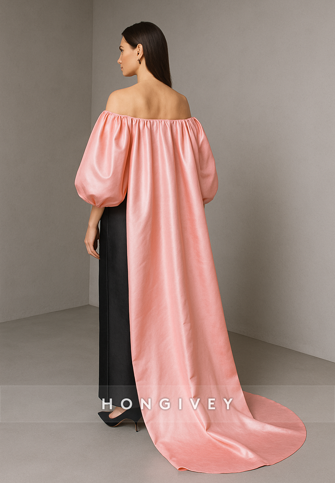Off the Shoulder Satin Puff Sleeve Ankle-Length Evening Gowns with Cloak