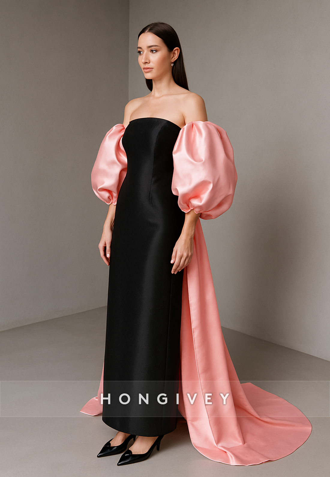 Off the Shoulder Satin Puff Sleeve Ankle-Length Evening Gowns with Cloak