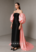 Off the Shoulder Satin Puff Sleeve Ankle-Length Evening Gowns with Cloak