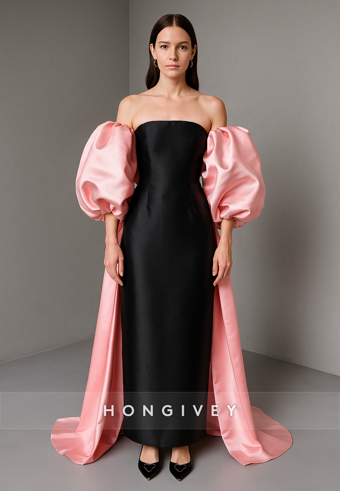 Off the Shoulder Satin Puff Sleeve Ankle-Length Evening Gowns with Cloak