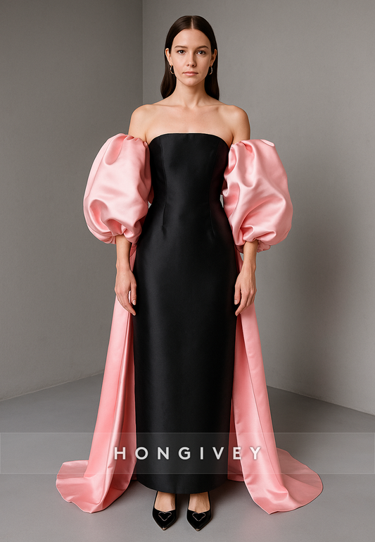 Off the Shoulder Satin Puff Sleeve Ankle-Length Evening Gowns with Cloak