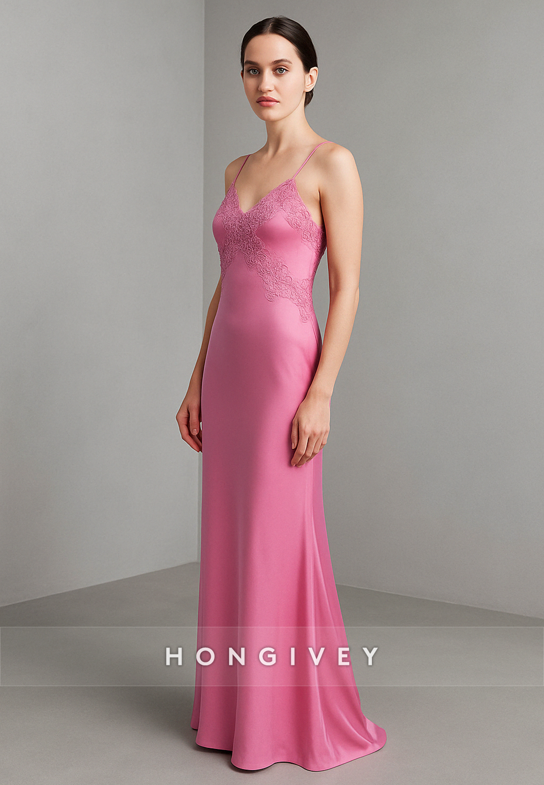 Spaghetti Straps Floor-Length V-Neck Evening Gowns with Lace