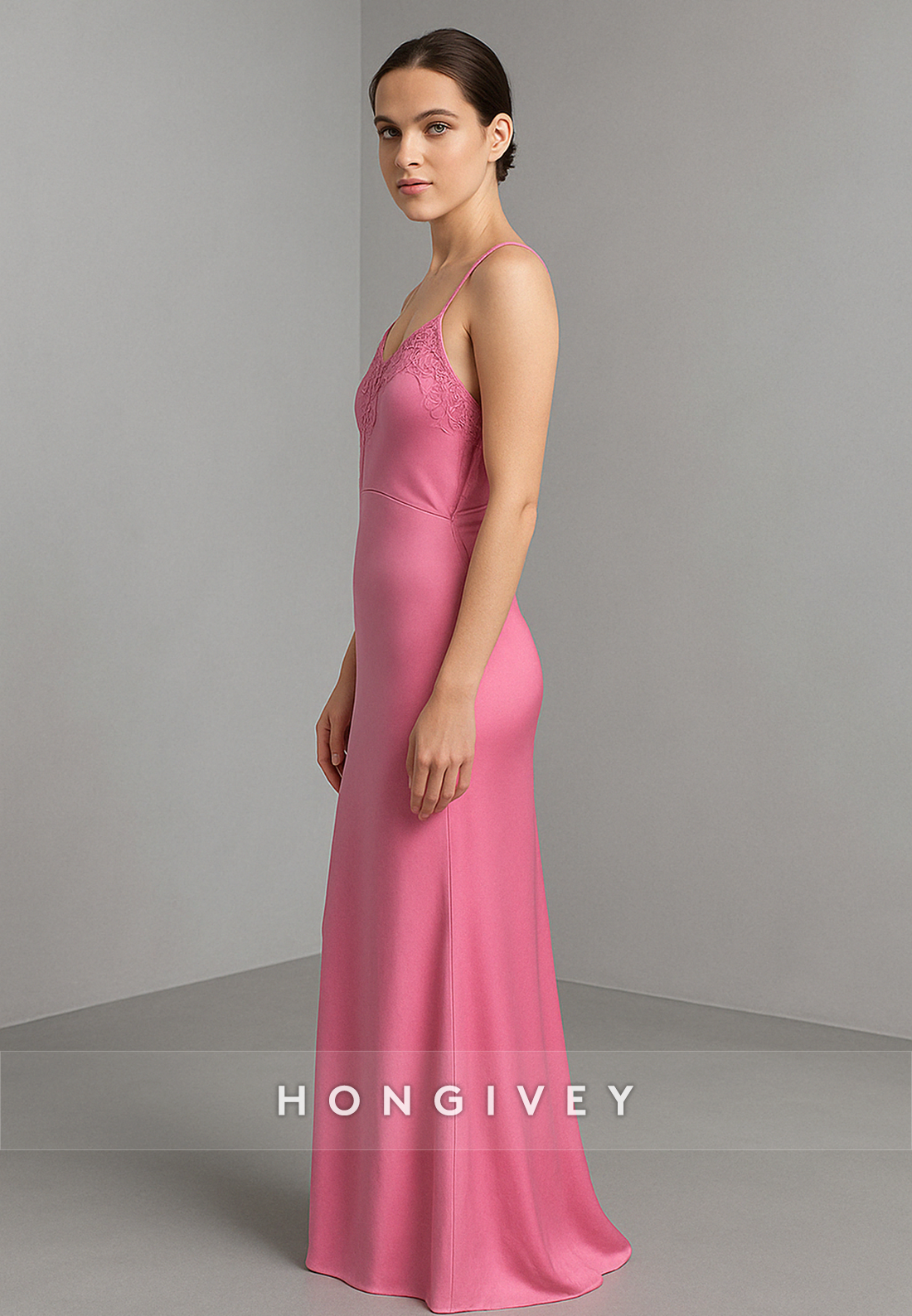 Spaghetti Straps Floor-Length V-Neck Evening Gowns with Lace