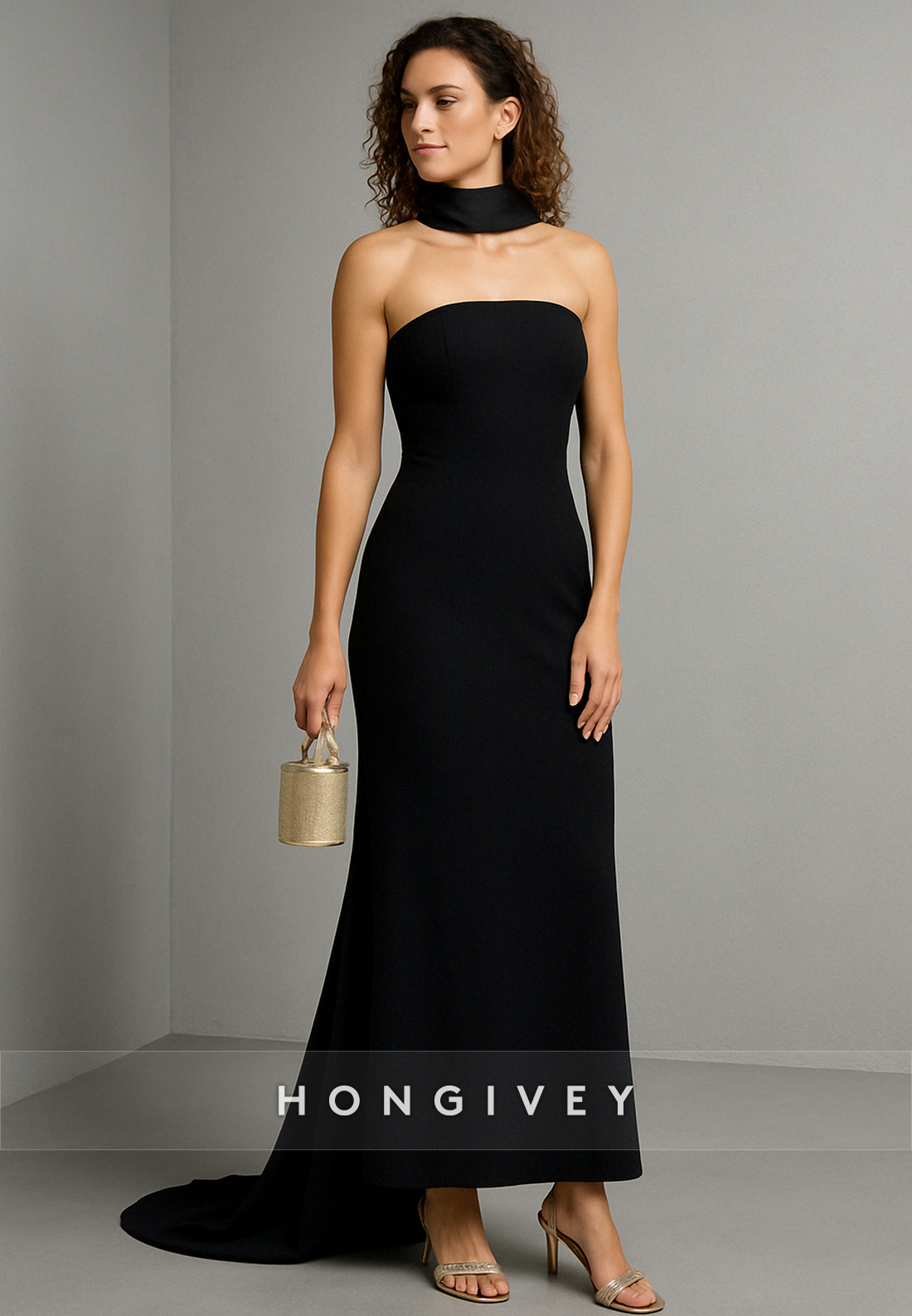 Elegant Black Strapless Detachable Ankle-Length Trumpet Evening Gowns