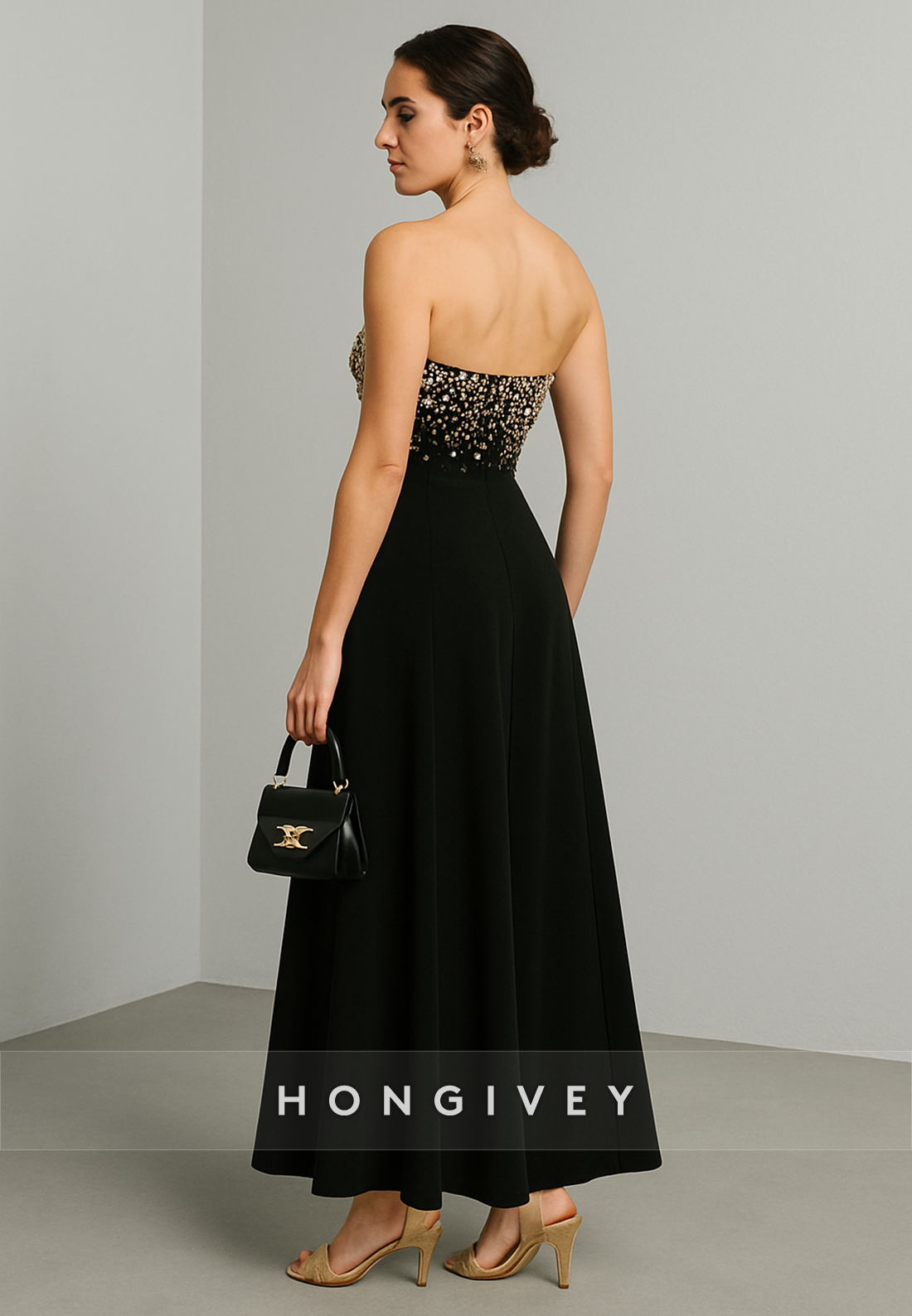 Strapless A-Line Ankle-Length Low Back Evening Gowns with Rhinestone