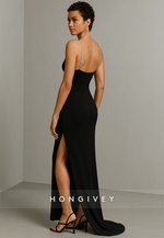 Spaghetti Straps Sheath Evening Gowns with Side Slit and Beading