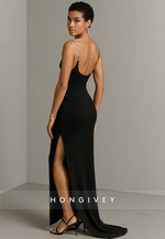 Spaghetti Straps Sheath Evening Gowns with Side Slit and Beading