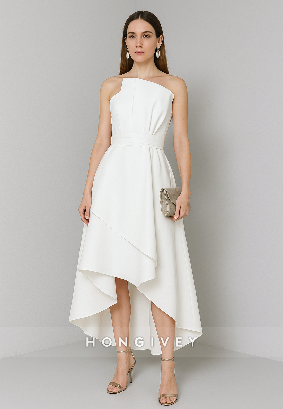 chinese dress ladies Strapless Asymmetrical A-Line Sleeveless Pleated Evening Gowns