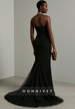 Elegant Black Strapless Trumpet Sweep Train Evening Gown