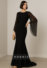 Black Flutter Sleeves Formal Gowns Floor-Length Mermaid Evening Gowns