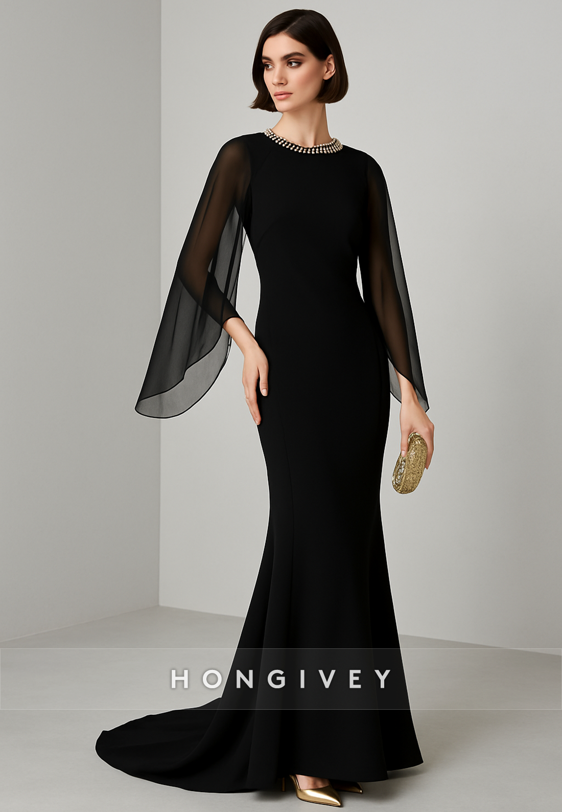 Black Flutter Sleeves Formal Gowns Floor-Length Mermaid Evening Gowns