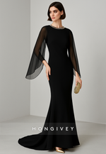 Black Flutter Sleeves Formal Gowns Floor-Length Mermaid Evening Gowns