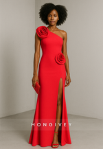 One Shoulder Red Side Slit Floor-Length Trumpet Evening Gowns with 3D Flowers