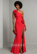 One Shoulder Red Side Slit Floor-Length Trumpet Evening Gowns with 3D Flowers