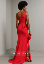 One Shoulder Red Side Slit Floor-Length Trumpet Evening Gowns with 3D Flowers