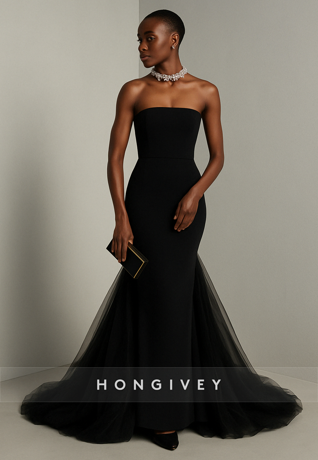 Elegant Black Strapless Trumpet Sweep Train Evening Gown