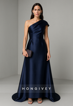 Navy Blue A-Line One Shoulder Satin Asymmetrical Evening Gowns