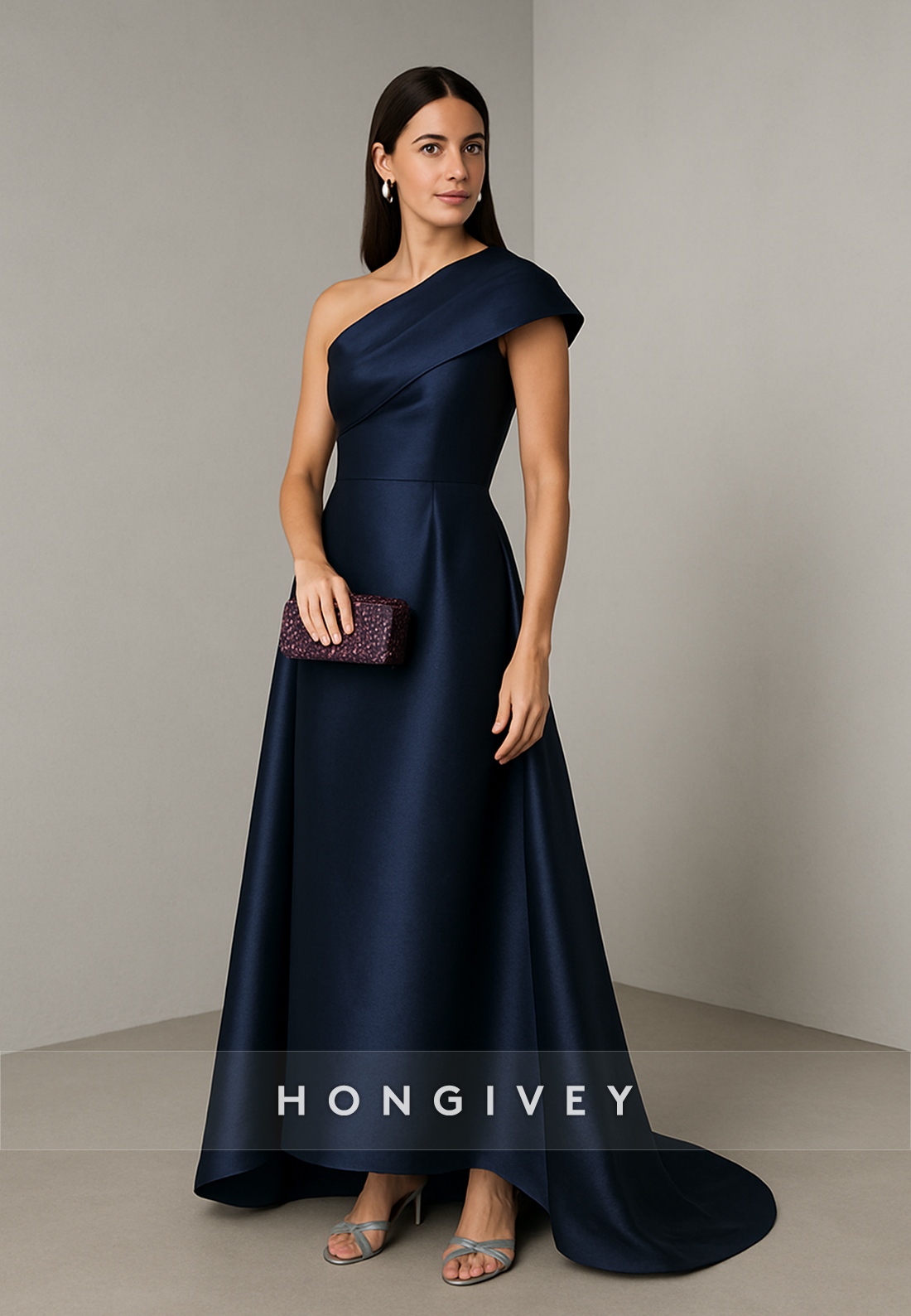 Navy Blue A-Line One Shoulder Satin Asymmetrical Evening Gowns