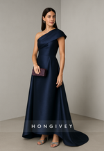 Navy Blue A-Line One Shoulder Satin Asymmetrical Evening Gowns