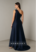 Navy Blue A-Line One Shoulder Satin Asymmetrical Evening Gowns