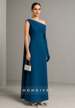 Navy Blue One Shoulder Ankle-Length A-Line Side Draping Evening Gowns