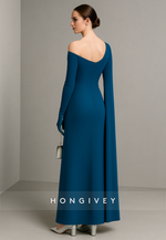 Navy Blue One Shoulder Ankle-Length A-Line Side Draping Evening Gowns