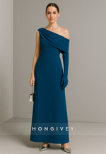 Navy Blue One Shoulder Ankle-Length A-Line Side Draping Evening Gowns
