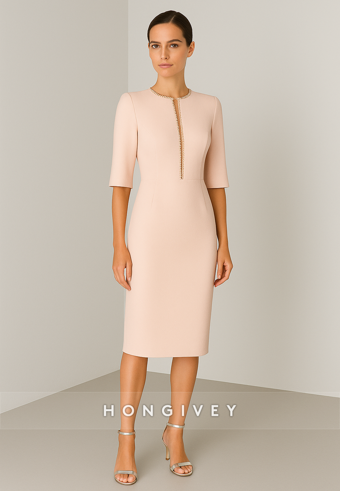 Half Sleeves Sheath Cocktail Dresses Pearl Pink Knee-Length Evening Gowns