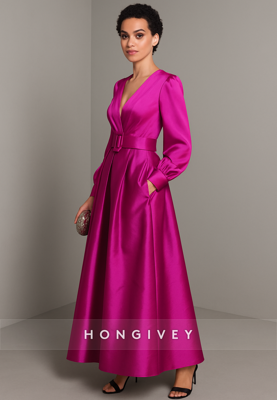 Fuchsia Low V-Neck Long Sleeves Pleated A-Line Satin Evening Gowns with Waistband