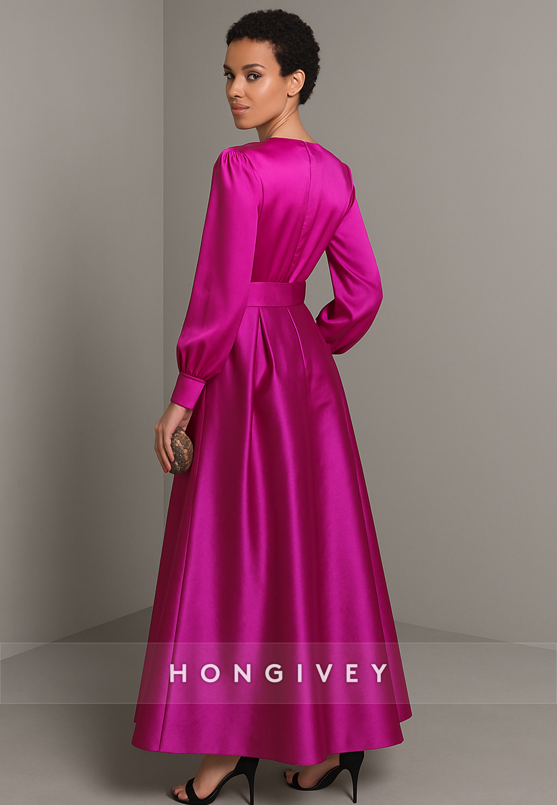 Fuchsia Low V-Neck Long Sleeves Pleated A-Line Satin Evening Gowns with Waistband