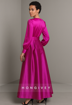 Fuchsia Low V-Neck Long Sleeves Pleated A-Line Satin Evening Gowns with Waistband