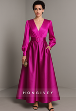 Fuchsia Low V-Neck Long Sleeves Pleated A-Line Satin Evening Gowns with Waistband