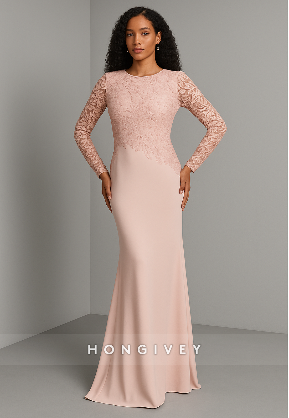 Blush Long Sleeves Appliqued Floor-Length Scoop Trumpet Evening Gown